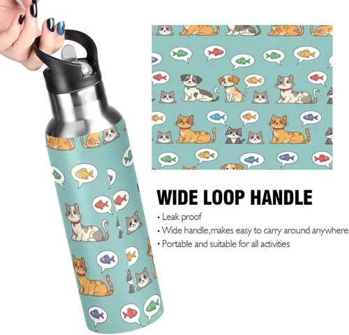 Vista 4 de BPA-Free Sports Water Bottle with Straw 32 Oz, Stainless Steel Vacuum Insulated Water Bottle for Gym Outdoor Travel School, Cartoon Cats Dogs