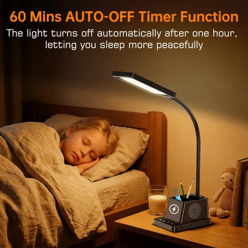 Vista 5 de Lámpara de escritorio LED Cozoo para hogar y oficina, lámpara de escritorio brillante de 15W con cargador inalámbrico y soporte para bolígrafos
