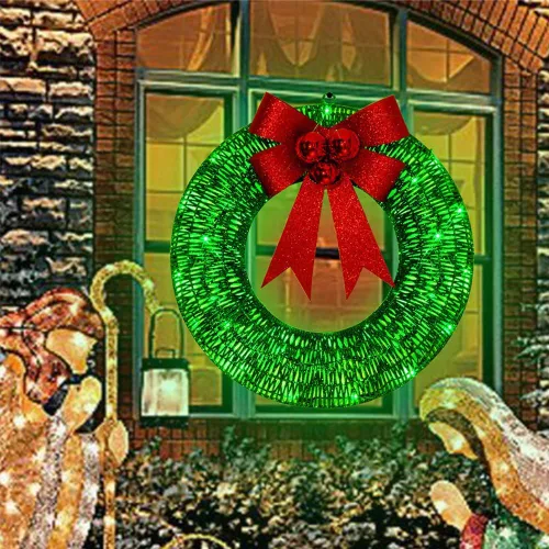 Vista 2 de Coronas de Navidad con lazo y luces alimentadas por pilas, corona de luz LED cálida, suministros de fiesta, regalo de inauguración de la casa