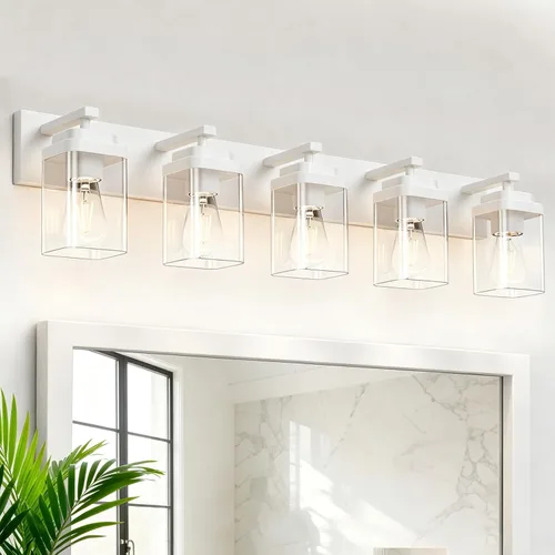 Vista 11 de Lámparas blancas para baño, 2 luces de baño, accesorios de iluminación sobre el espejo, diseño cuadrado y placa trasera grande rectangular