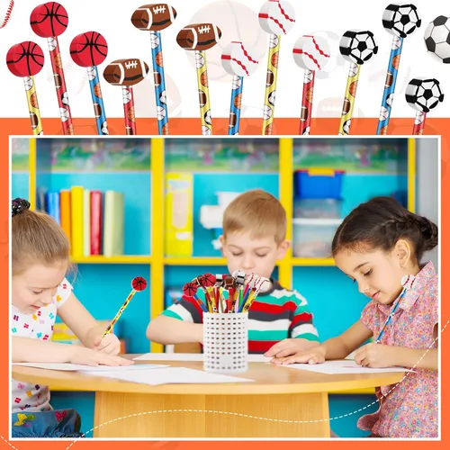 Vista 6 de Chivao Juego de 12 lápices deportivos y borradores para niños, béisbol, fútbol, fútbol, deportes, recuerdos de fiesta para estudiantes, papelería