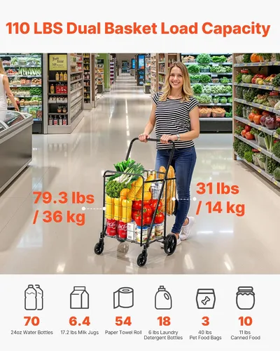 Vista 2 de VEVOR Carrito de compras plegable, carrito de comestibles jumbo con cestas dobles, ruedas giratorias de 360°, carrito utilitario resistente, carrito