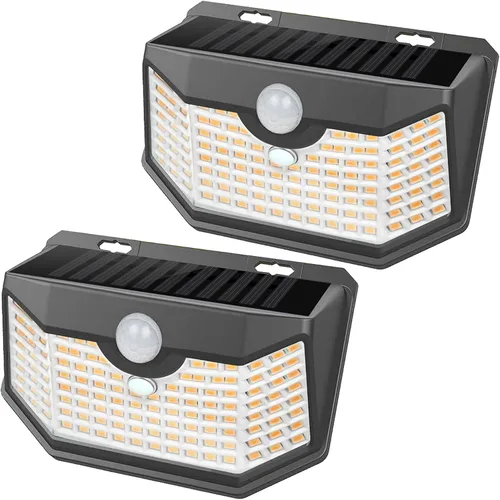 Vista 18 de HMCITY Luces solares para exteriores, 120 LED con 3 modos de iluminación, luces de pared con sensor de movimiento, IP65, impermeable, alimentadas