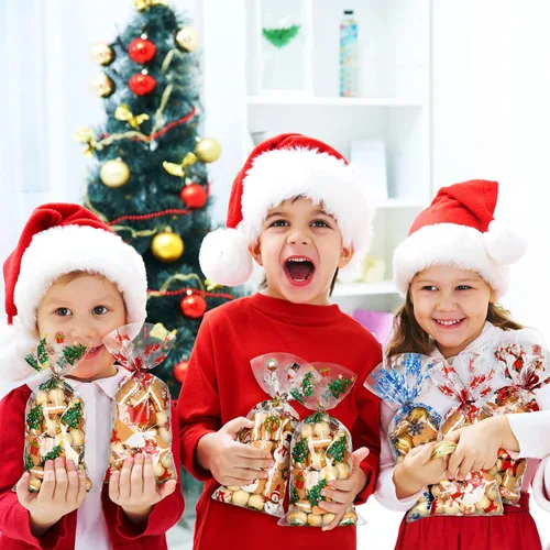 Vista 6 de Outus 200 bolsas de celofán para regalos de Navidad, bolsas de celofán de Navidad de plástico con lazos para dulces, galletas, golosinas, envoltorio