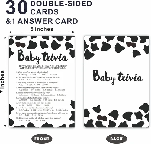 Vista 2 de Juego de preguntas para bebés para baby shower, impresiones de vacas de 5 x 7 pulgadas, tarjetas de juego rellenas de doble cara para niños o niñas