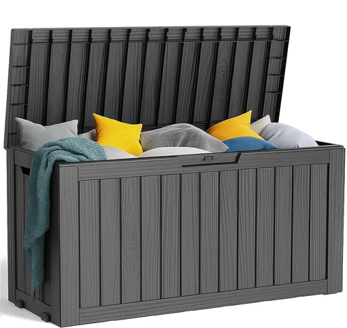 Vista 33 de Caja de resina de 30 galones para terraza, caja de almacenamiento para patio al aire libre con cierre para muebles, herramientas de jardín