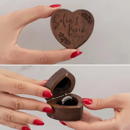 Vista 3 de Caja de anillo de madera personalizada, caja de soporte de anillo personalizada, caja de anillo de corazón de madera para ceremonia de boda, 8