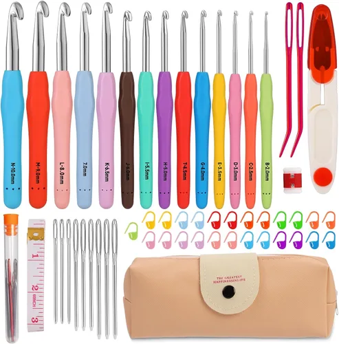 Vista 8 de Mayboos Juego de 72 ganchos de ganchillo, kit de ganchos de ganchillo más agujas romas de ojo grande, agujas ergonómicas de hilo para tejer, clips
