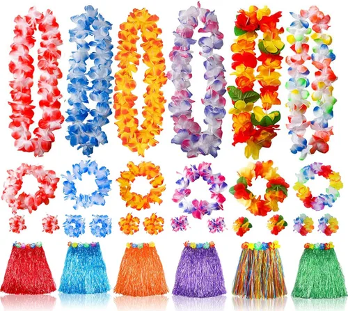 Vista 2 de 6 juegos de faldas hawaianas de hierba Leis para fiesta Luau, falda hula con diademas, pulseras tropicales decoraciones de fiesta, multicolor