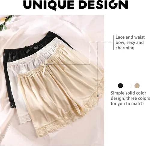 Vista 4 de 3 piezas de pantalones cortos de satén con lazo de encaje para mujer, culottes debajo de los vestidos, medias se desliza debajo de los vestidos