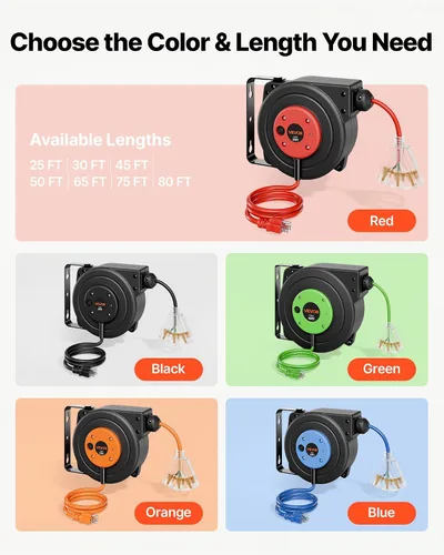 Vista 8 de VEVOR Carrete de cable de extensión retráctil de 25 pies resistente 14AWG