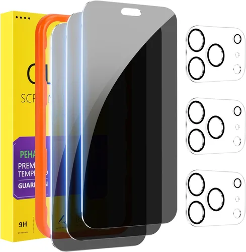 Vista 10 de PEHAEL - Paquete de 2 + 2 protectores de pantalla de privacidad para iPhone, protector de lente de cámara, cobertura completa, vidrio templado