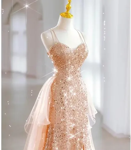 Vista 6 de Changuan Vestidos de fiesta de sirena con lentejuelas para mujer, largos con abertura, tirantes delgados, vestido formal con cola de tul