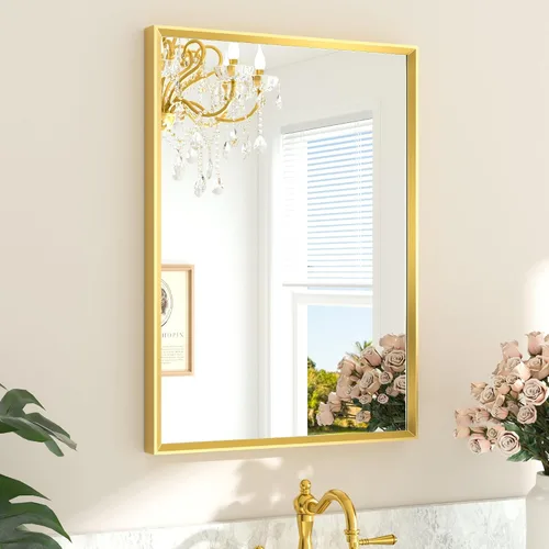 Vista 48 de TETOTE Espejo de baño dorado cepillado de 20" x 30", espejo de tocador de baño rectangular de latón dorado cepillado con marco biselado para sobre