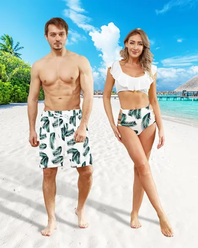Vista 3 de Matching Family Swimsuits Ruffle&Palm Print Bikini Top Bathing Suits Racerback with High Waisted Bottom Tankini Set