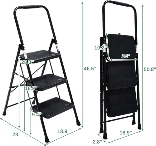 Vista 2 de Wiberwi 3 Step Ladder Folding Step Stool for Adults with Top Handrail 330 Lbs Capacity, Lightweight & Portable Step 3 Stool Ladders with Wide Pedal
