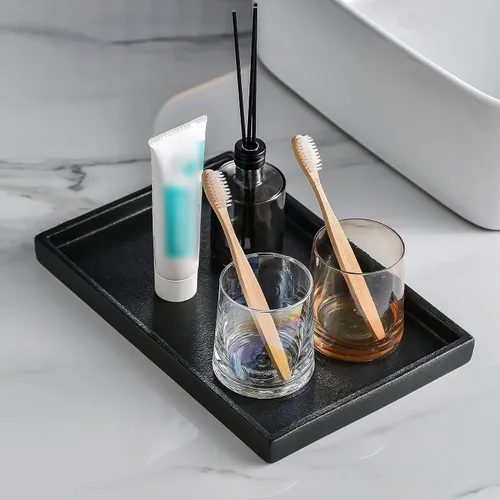 Vista 2 de Bandeja de maquillaje de cerámica Redelaenor, soporte de accesorios de baño negro para organizador de fregadero de cocina y bandeja decorativa