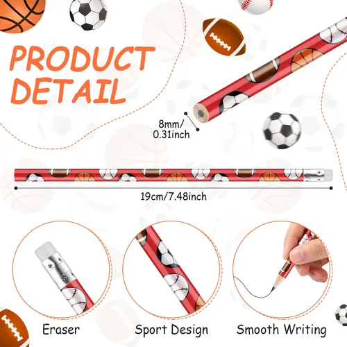 Vista 2 de 48 lápices deportivos con borrador para niños – Béisbol, fútbol, baloncesto, balón de fútbol, deportes temáticos para profesores, suministros