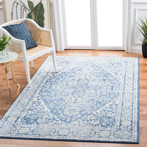 Vista 10 de Safavieh - Alfombra de 2 x 4 pies de la colección Brentwood color marfil y azul marino, alfombra que no suelta pelusas con diseño desgastado