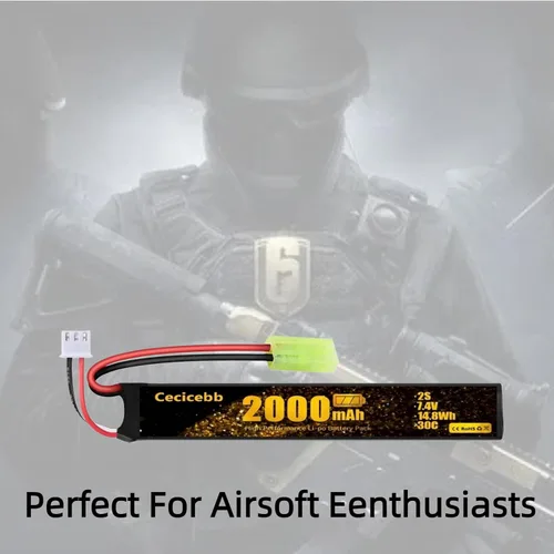 Vista 4 de Batería Airsoft 7.4V 2000mAh 30C con Mini Tamiya Plug para Airsoft Modelo Pistolas Recargable 2S Lipo Batería 2 Pack con 7.4V USB Cargador Cable