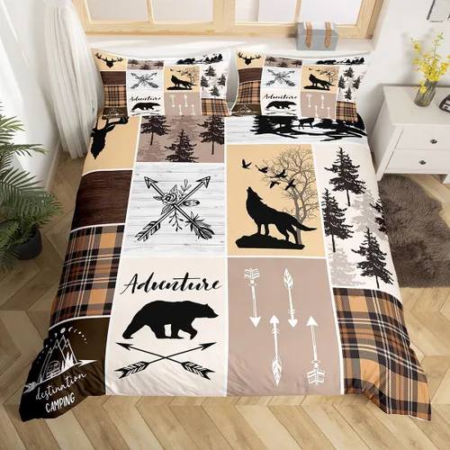 Vista 9 de Juego de funda de edredón para niños de ciervo, oso, lobo, tamaño individual, juego de ropa de cama de cabaña de aventura para niños, niñas