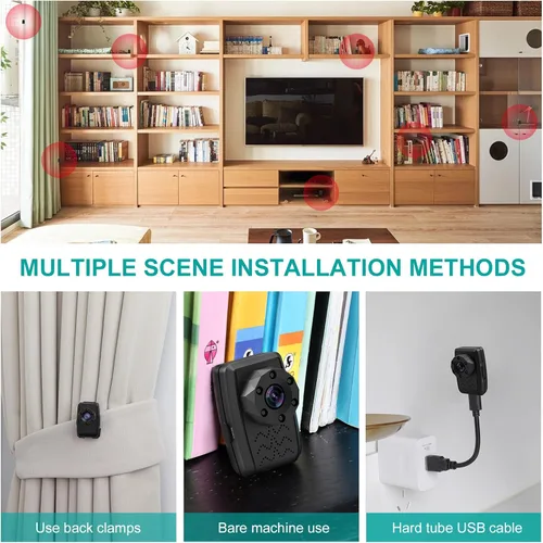 Vista 4 de Mini cámara inalámbrica HD pequeñas cámaras de vigilancia WiFi con detección de movimiento, clip trasero, grabadora de video portátil, cámara