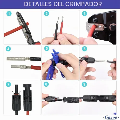 Vista 6 de Kit de herramientas de prensado de paneles solares fotovoltaicos con pelacargas y 10 pares de conectores solares y 1 par de llaves de conector