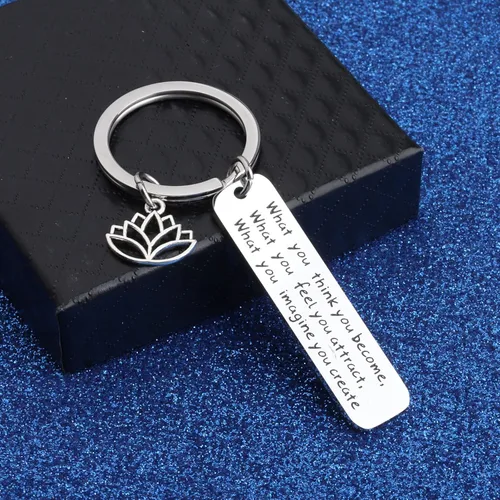 Vista 4 de WUSUANED Regalos budistas con citas espirituales, llavero con tarjeta, con texto en inglés "What You Think You Become Buddha", joyería inspiradora