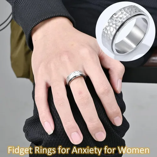 Vista 4 de Nanafast Anillos de ansiedad de acero de titanio de 0.236 in0.315 in para mujeres y hombres, anillos martillados de moda, anillos geniales