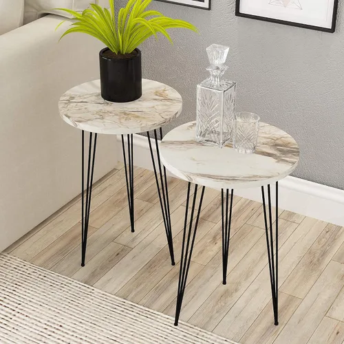 Vista 8 de Juego de 2 mesas auxiliares redondas de madera para sofá para espacios pequeños, mesita de noche con patas de metal para dormitorio, sala de estar
