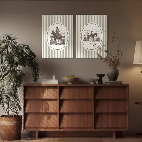 Vista 4 de 2 piezas de arte de pared de vaquero occidental, cuadros de decoración de pared de vaqueros a rayas sobre caballos, impresiones de pósters de lienzo