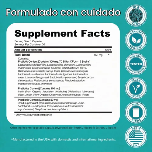 Vista 2 de NaturaLife Labs Probióticos 70 mil millones de CFU – 15 cepas con prebiótico y postbiótico orgánico – Fórmula 3 en 1 – 30 cápsulas veganas