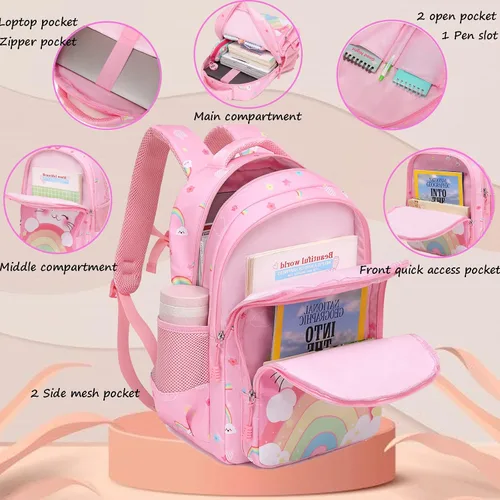 Vista 4 de Mochila de escuela primaria para niñas con lonchera, mochila de regreso a clases