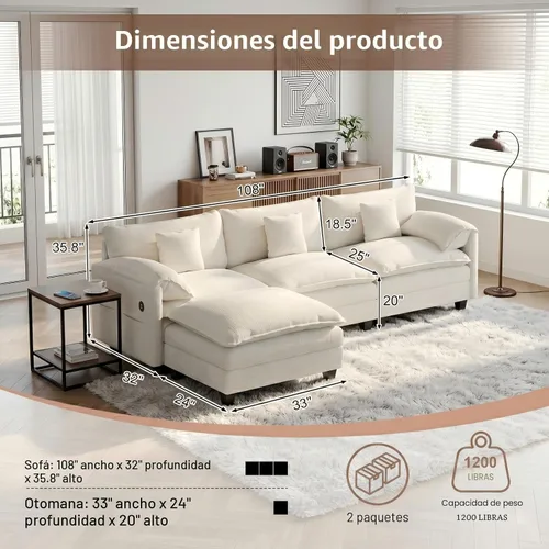 Vista 2 de KCGKCG Sofá modular seccional, cómodo sofá de nube de 108 pulgadas con otomana movible estación de carga bolsillo lateral almohada, sofás