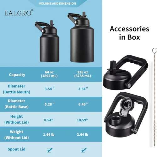 Vista 5 de EALGRO Botella de Agua Aislada de Medio Galón Jarra con Pajilla, 64 oz Frasco de Agua Deportivo de Metal de Acero Inoxidable Grande con Asa, Taza