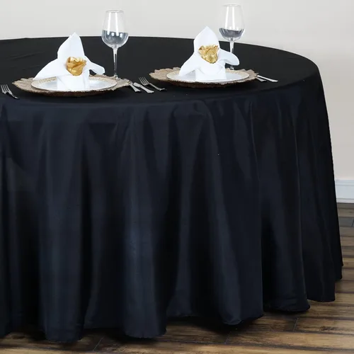 Vista 2 de TABLECLOTHSFACTORY Mantel redondo negro de 120 pulgadas, mantel de poliéster, resistente a las manchas y a las arrugas, lavable, para bodas