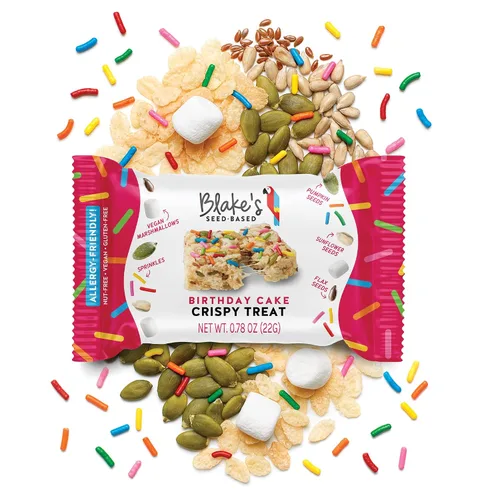 Vista 8 de Blake’s Seed Based, Birthday Cake - Golosinas de arroz crujiente sabor a torta de cumpleaños, sin nueces, gluten, lácteos, ni soya; snack saludable