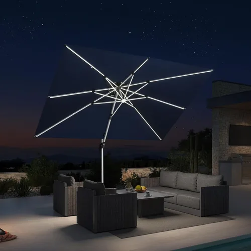 Vista 10 de PURPLE LEAF Sombrilla de patio de 9 x 12 pies con luces, sombrilla rectangular voladiza para exteriores, funciona con energía solar, LED