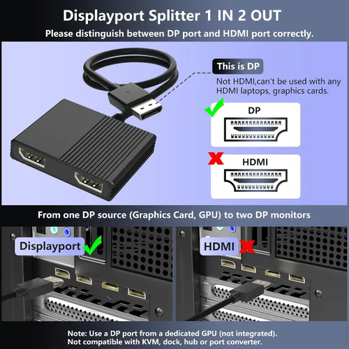 Vista 2 de Displayport MST Hub, 4K@120Hz Display Port Splitter for Dual Monitors, DP to Dual DP Adapter 1 in 2 Out, DisplayPort Splitter Extended Display