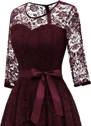 Vista 5 de Dressystar Vestido de encaje floral para mujer, corto, para dama de honor, con cuello transparente B- Borgoña