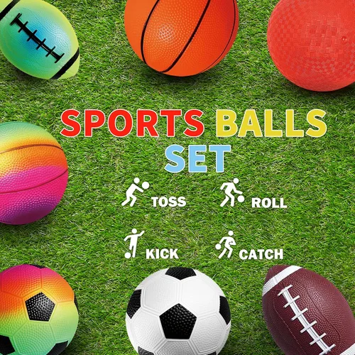 Vista 3 de Juego de 7 pelotas deportivas de 8.5 pulgadas, pelotas de patio de recreo para niños y adultos, incluye pelota de fútbol, baloncesto y fútbol