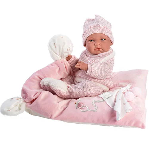 Vista 4 de Llorens Muñeca Nica con ojos azules y cuerpo de vinilo, muñeca bebé con traje rosa, manta de abrazo, chupete, cadena ficticia y cojín suave, 15.7 in