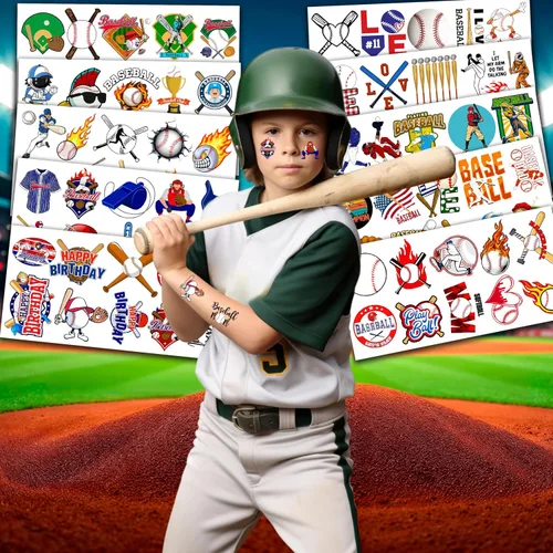Vista 3 de 96 tatuajes temporales de béisbol – Regalos y decoraciones para fiestas de cumpleaños temáticas deportivas, divertidas calcomanías de béisbol