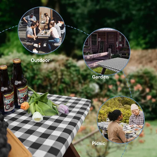Vista 6 de Funda para Mesa de Picnic y Fundas para Bancos, Mantel Ajustado con Borde Elástico, Resistente al Agua y Aceite, para Exteriores, Jardín, Camping