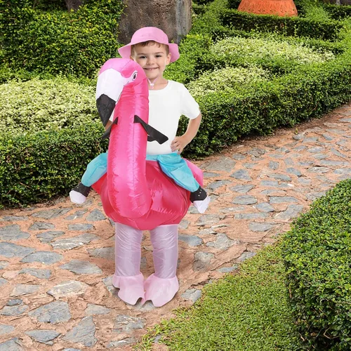 Vista 3 de Disfraz inflable de flamenco para niños, disfraz inflable de flamenco con sombrero de cubo rosa, divertido vestido elegante para Halloween, Navidad
