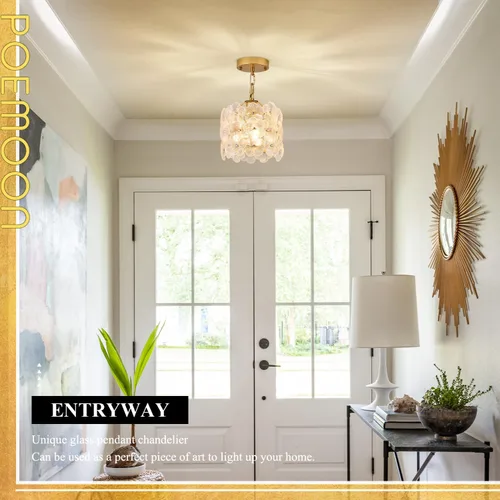 Vista 7 de Lámpara colgante de cristal dorado, paquete de 1 lámpara colgante de techo pequeña con flores modernas, 1 luz para cocina, isla, fregadero, comedor