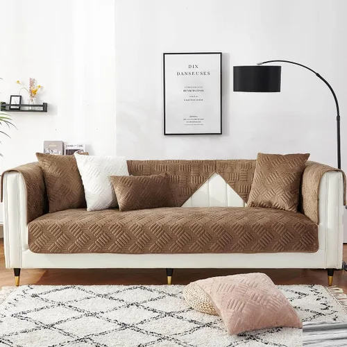 Vista 9 de vctops Funda de sofá de terciopelo para sillón, antideslizante, acolchada, súper suave, funda geométrica cálida en forma de L para sofá, para Marrón