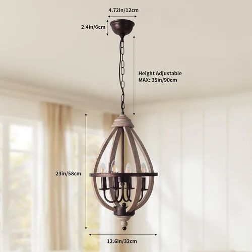 Vista 6 de Lámpara colgante de madera con forma de lágrima vintage, lámpara de granja con acabado de madera envejecida y bronce para isla de cocina, comedor