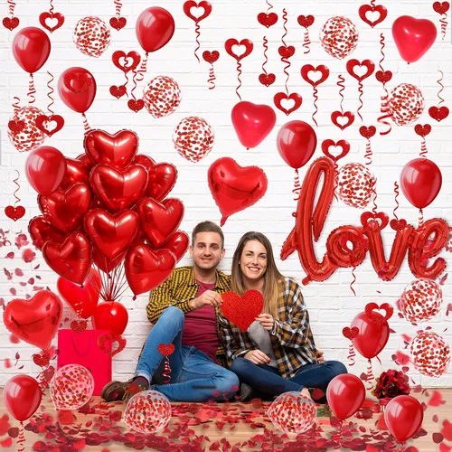 Vista 5 de Fecedy Globo de papel de aluminio en forma de amor y corazón, globos de látex redondos y en forma de corazón, globo de confeti, pétalos falsos