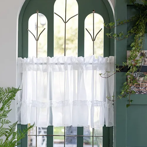 Vista 2 de Cortina de gasa para cocina, cortinas cortas estilo rústico para ventanas pequeñas, cocina, dormitorio, sala de estar, cortinas románticas blancas